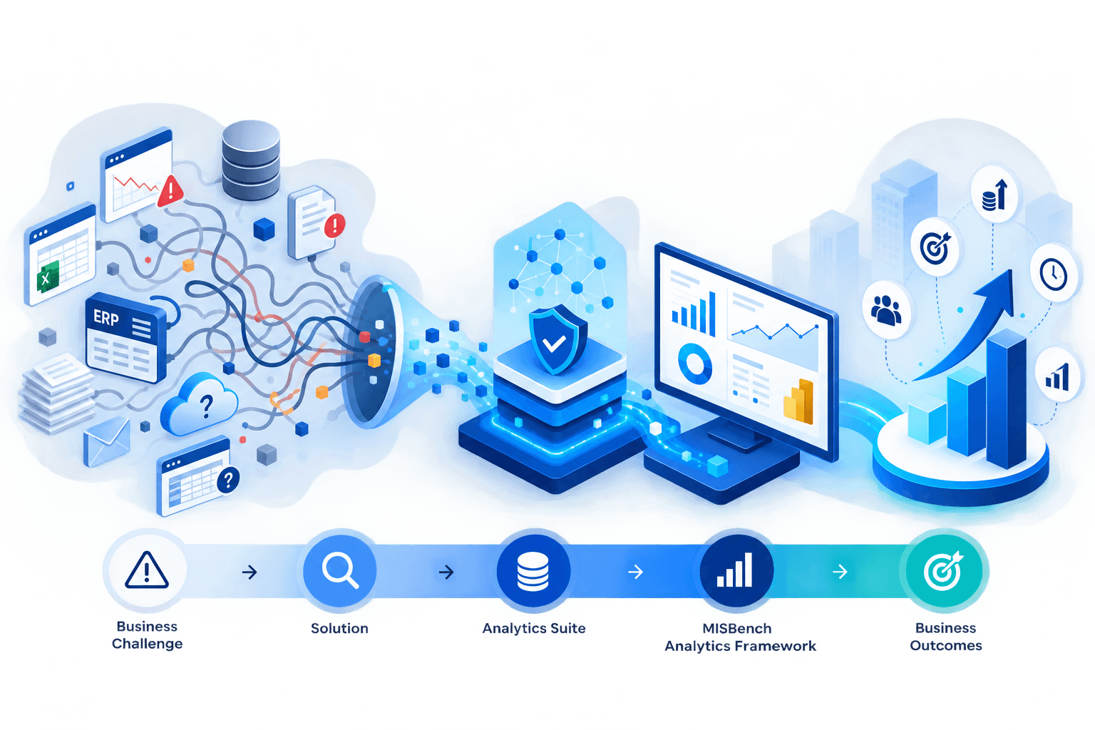 MISBench analytics flow from business challenge through governed analytics to business outcomes