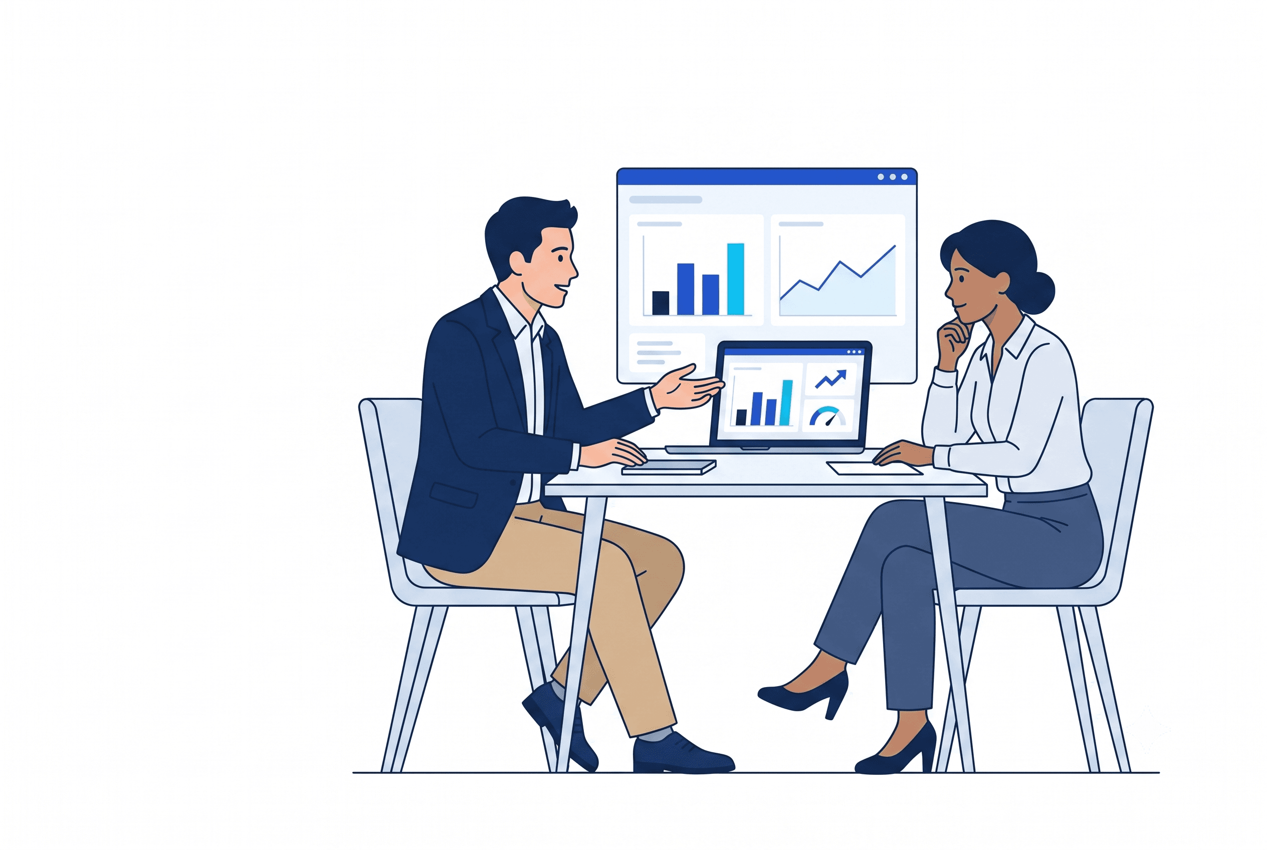 MISBench analytics consultant discussing business and reporting needs with a client
